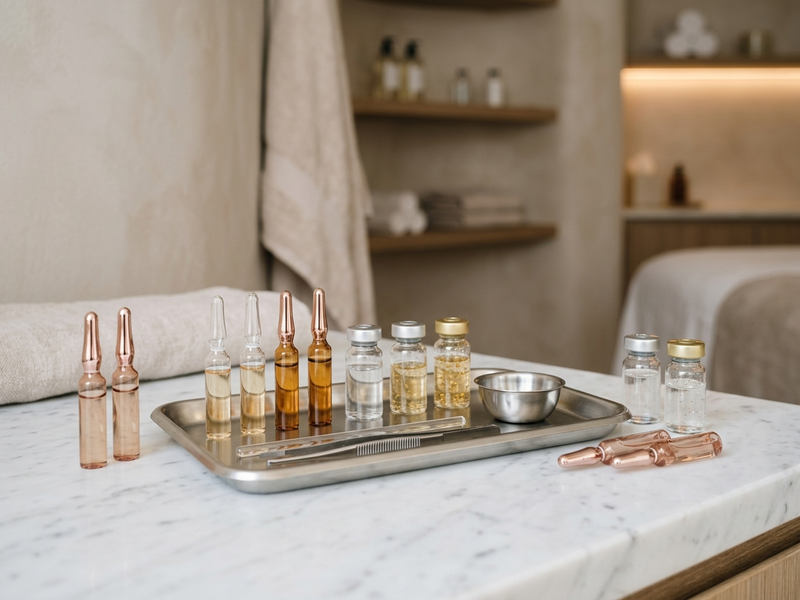 Clinical tray with cosmetic ampoules, vials, and sterile instruments on marble countertop