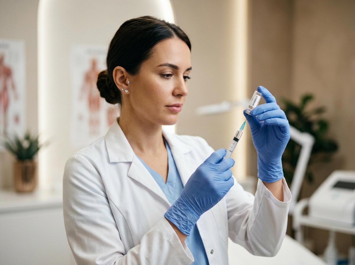 Practitioner in clinical attire preparing sterile ampoule and syringe