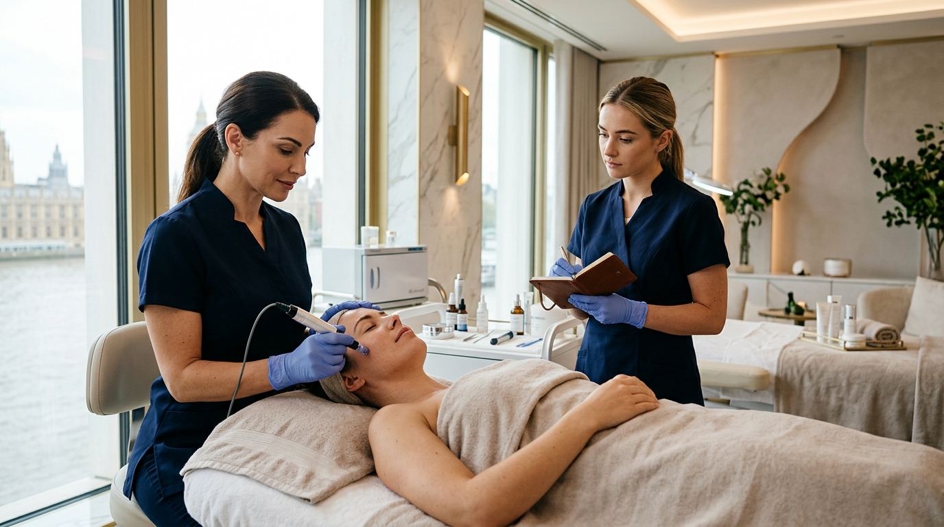 Practical clinical skincare treatment and observation session with practitioner and student