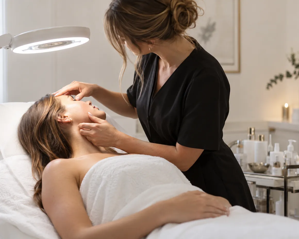 A therapist carrying out a facial treatment under a magnifying lamp