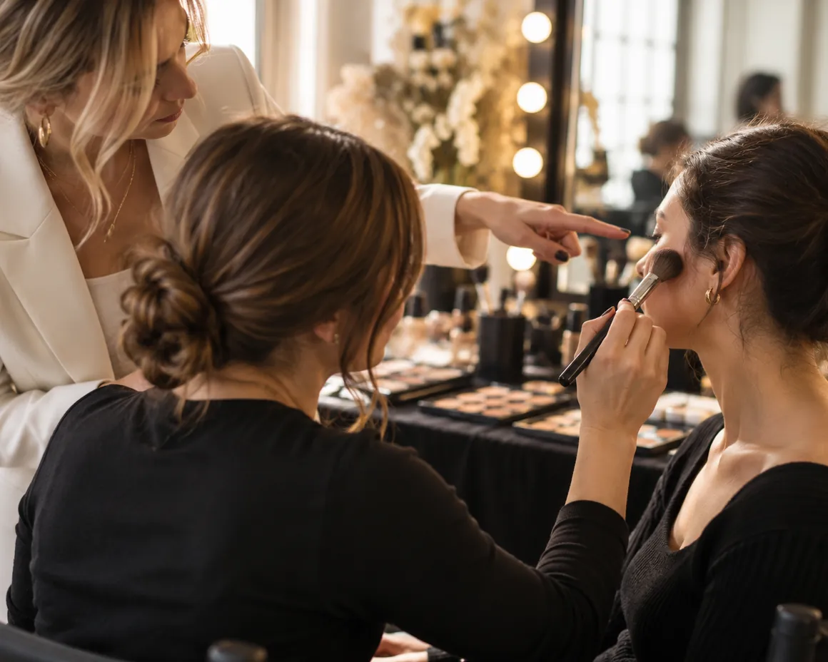 A student applying make-up to a model while a tutor guides her