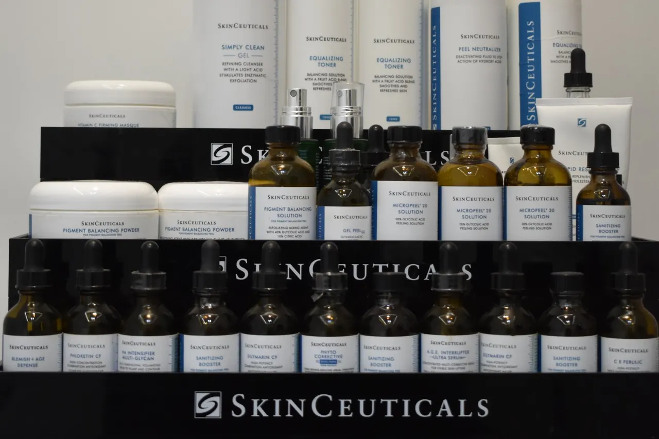 SkinCeuticals serums and peel solutions on the shelves at Glam & Go Clinic